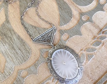Vintage camphor glass necklace, wedding jewelry, something old, 1920s flapper earrings, vintage bride, bridesmaid gift, white, antique
