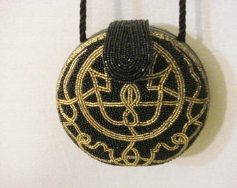 Beaded Purse Evening Bag Clutch Shoulder Bag Black & Gold Accessory