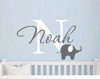 Childrens Name Elephant Wall Decal - Boys Name Vinyl Wall Decal - Baby Nursery Wall Decal