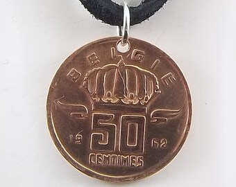 Belgium Coin Necklace, 50 Centimes, Coin Pendant, Leather Cord, Mens Necklace, Womens Necklace, Birth Year, 1962
