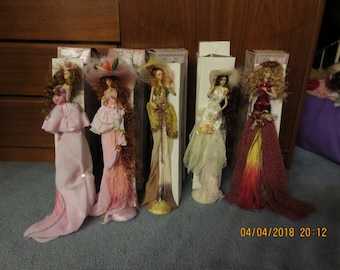 Five Elegant, Graceful 16 In Vintage 90s Porcelain Tassel dolls-French Modern, Art Deco, - Exc Gift for Doll Collectors, Girls, Sm Spaces