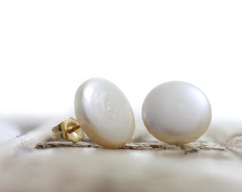 Exquisite Button Pearl Earring Studs - White Freshwater Coin Pearl Earrings - Free Shipping
