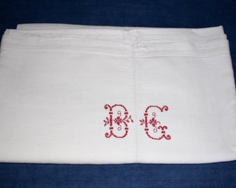 Antique French Hemp Sheet. Red Initials BC Hand Embroidered.