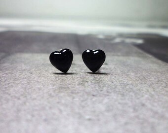 Black Puffy Heart Stud Earrings, Sterling Silver Heart Earrings, Heart Stud Earrings
