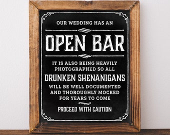 Chalkboard wedding signs. Printable Open bar wedding sign. Open bar sign. Bar sign for wedding. Wedding open bar. Rustic chalkboard poster