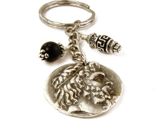 Coin Keychain, Poseidon and Nike Pendant, Onyx & Metal Beads Keychain, Replica Greek Coin Keychain