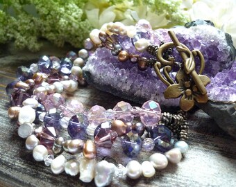 crystal an freshwaterpearl bracelet, vintage inspired bracelet, antique victorian bracelet, , 1920s bracelet, mauve bracelet, flower clasp