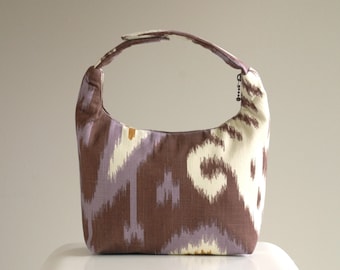 Insulated Lunch Bag, Women Lunch Bag, Small Purse, Lunch Bag For Work, Reusable Lunch Tote-Ikat Brown Purple