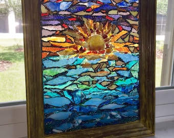 Sunset Beach: wall hanging, stained glass window, glass mosaic, sunrise, waves, water, coastal sunset, stain glass panel