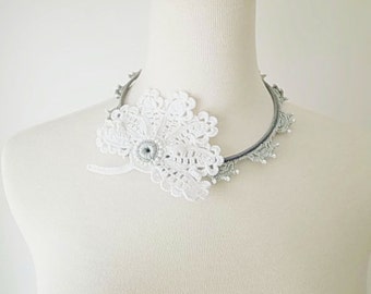 Irish Crochet Lace Jewelry (Lady with Fan) Fiber Jewelry, Hoop Necklace,Crochet Necklace