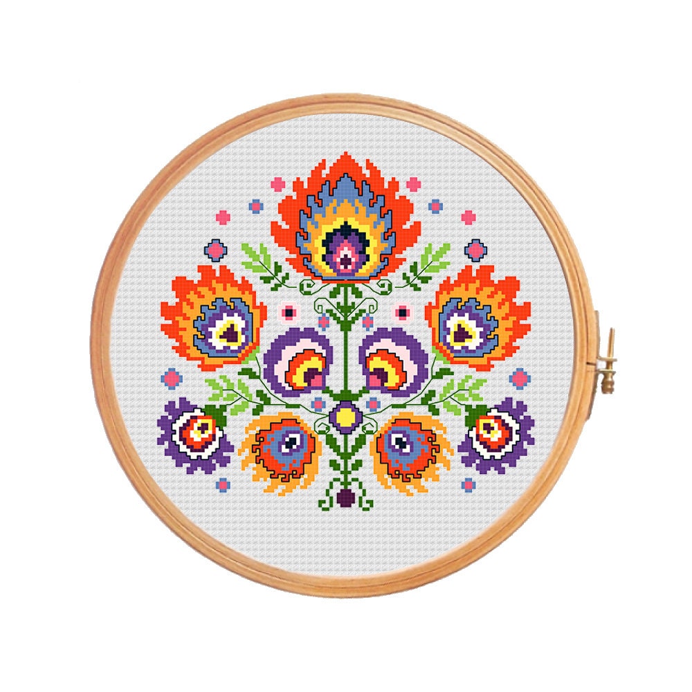 Bouquet of polish wycinanki flowers modern cross stitch