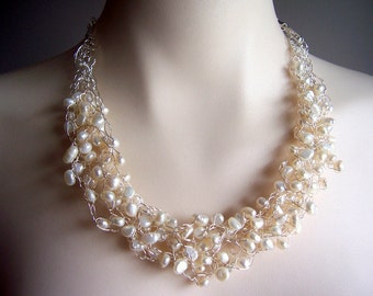 Collier perle au crochet, fil crochet bijoux, collier perle mariage, bijoux de mariée perle