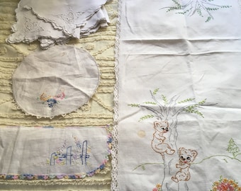 Vintage Linens LOT 2 - Dresser Scarf with bears climbing tree, Small scarf with fences flowers, Round linen doily, 6 linen napkins