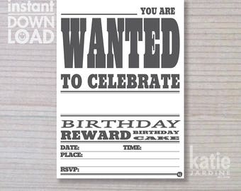 instant invitation - boys invitation - wanted invitation - childrens invitation - downloadable invite - white paper invite