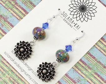 Blue Flower Earrings for Her | Lampwork Earrings for Women | Flower Earrings For Her | Blue Crystal Long Earrings | Solana Kai Designs