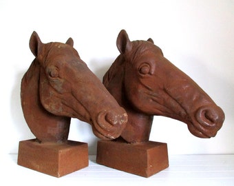 Pair Of Large Iron Horse Heads, Horse Statue, Gate Post Finial, Pier Caps, Cast Iron Statue, Garden Statue, Horse Gifts, Horse Sculpture