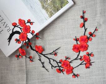 Red blossom flower patch ,Large cherry embroidered Iron-on patch ,Embroidered Sewing supplies. Blossom Applique