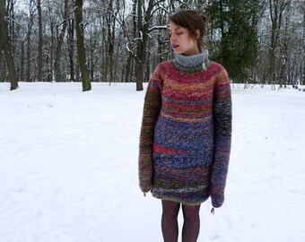 Handmade oversized colourful Alpaca wool tunica / long wool sweater with a collar