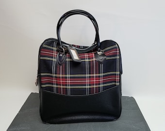 Bowling Bag - Mid Century Red/Black Plaid Bowling Ball Bag - Cloth & Vinyl Bowling Bag - Cool Tote Bag - Overnight Bag - 70's Bowling Bag
