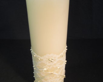 9"x3" Handmade ivory unity candle, ivory lace, ribbon, beads and pins, wedding, anniversary