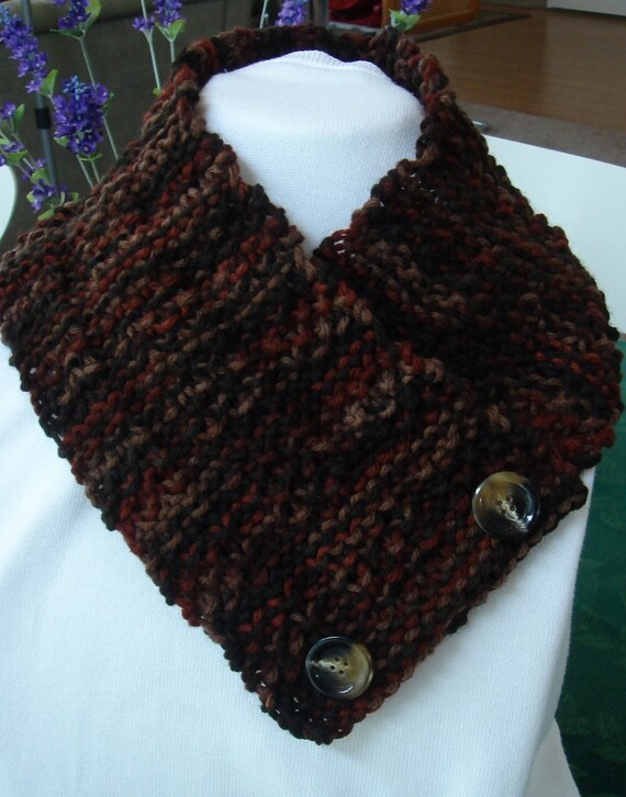 Scarf Neck Warmer Brown Rust Black Tan Button accent.