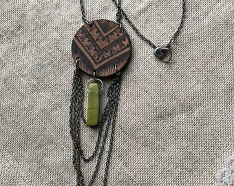OOAK necklace ~ woodburned wooden wood pendant ~ handmade dangle chain necklace