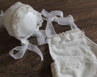 Vintage romper and bonnet, baby girl romper, photo prop, newborn prop, newborn romper, newborn girl romper set, baby girl outfit set