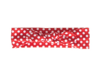 Baby Headband, Toddler Headband, Adult Headband, Baby Girl Headband, Top Knot Headband, Bow Headband, Red and White Polka Dot Headband