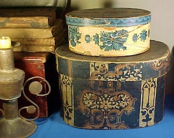 Antique Wallpaper Box, Wood Top and Bottom, c. 1847, Dark Blue Paper, Pennsylvania