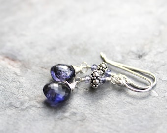 Briolette Iolite Earrings Blue Gemstone Earrings Sterling Silver Water Sapphire