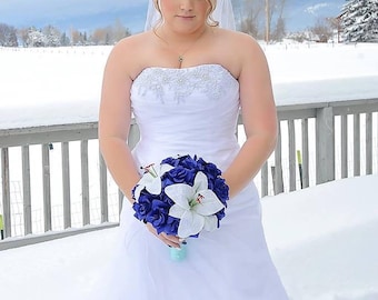 Royal Blue Rose White Lily Wedding Bouquet, Blue Bridal Bouquet, Royal Blue White Bouquet, White Blue Wedding Bouquet, Blue Bridesmaid