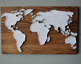 large wooden world map wall art string art rustic world map decal watercolor world map hanging