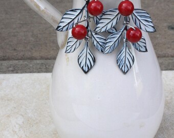 Red berry and snowy leaf earrings, Christmas earrings, bohemian earrings, winter earrings, boho style earrings, holiday earrings