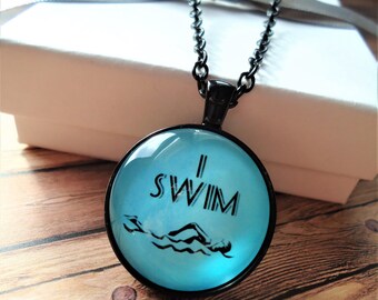 I Swim Black Glass Necklace or Key-chain | I love Swimming, Water, Swimmer Gift, Athlete Gift, Pool, Butterfly, Backstroke, Sports