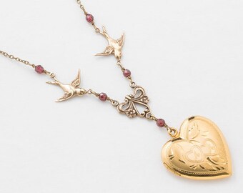 Locket Necklace, Heart Necklace, Gold Filled Locket, Vintage Heart Locket with Genuine Red Garnet, Bird Charm & Leaf Engraving, Jewelry Gift