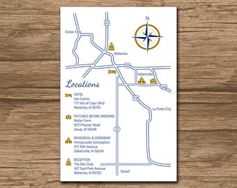 Custom Wedding Map, Event Map, Directions, Locations - PRINTABLE file - Enclosure Card, Invitation Insert with a map