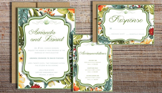 tropical flowers invitation suite printed wedding invitation
