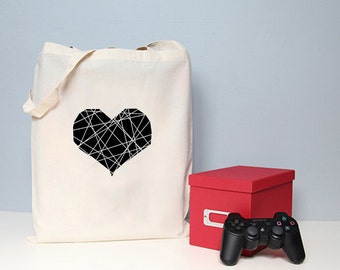 Illustrated tote bag, cotton shopper, heart tote bag, love tote bag, book bag, totes.