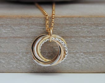 Petite Love Knot Necklace, 6 Ring, Silver Beaded Rings, Gold Rings Necklace, Mixed Metals Necklace, 60th Birthday, Gift for Mom