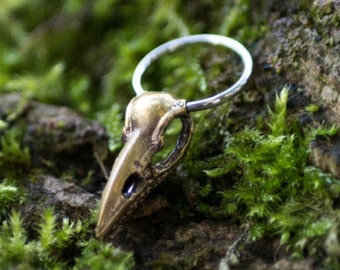Corbeau hoops septum piercing earring / Brass and steel crow bird skull