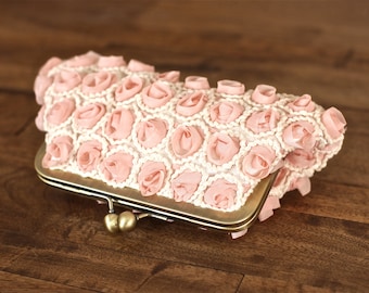 SALE - Pink Champagne/Ivory Chiffon Rosette Clutch with Antique Brass Frame