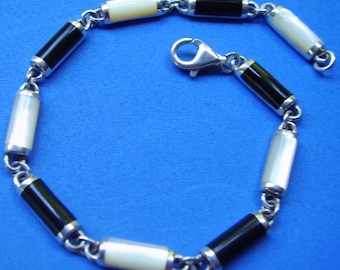 Sterling Silver Mother of Pearl and Onyx Bracelet