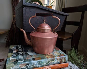 Copper Tea Kettle with Tin Lining/Wooden Turn Handle/Made in Italy/1930's/Vintage Tea Kettle