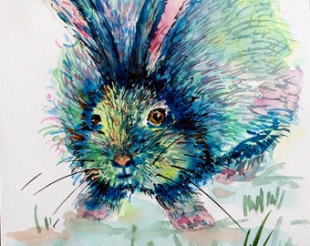 Blue Rabbit painting Original watercolor painting Nursery decor Nursery art Watercolor rabbit painting Watercolor animal painting kids room