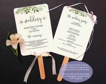 Wedding ceremony printable fan program, 5x7 inch template, print both sides | Boho botanical greenery