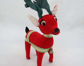 Stuffed Reindeer - Red Velveteen Reindeer - Christmas Reindeer - Dakin Dream Pet - 1960s Stuffed Reindeer - Free Shipping - 11HTT17