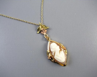 Antique Edwardian shell cameo 14k multi color gold lavalier pendant necklace
