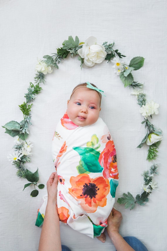 Organic cotton swaddle blanket in Floral Dreams Pink Coral