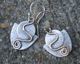 Mixed metal sterling silver and brass, textured boho artisan handmade earrings, artisan mixed metal earrings metalsmith jewelry