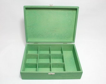 10 Compartments Wooden Tea Box / Green Box / Wooden Keepsake Box / Jewelry Box / Collection Box / Personalized Box Option / Tea Organizer